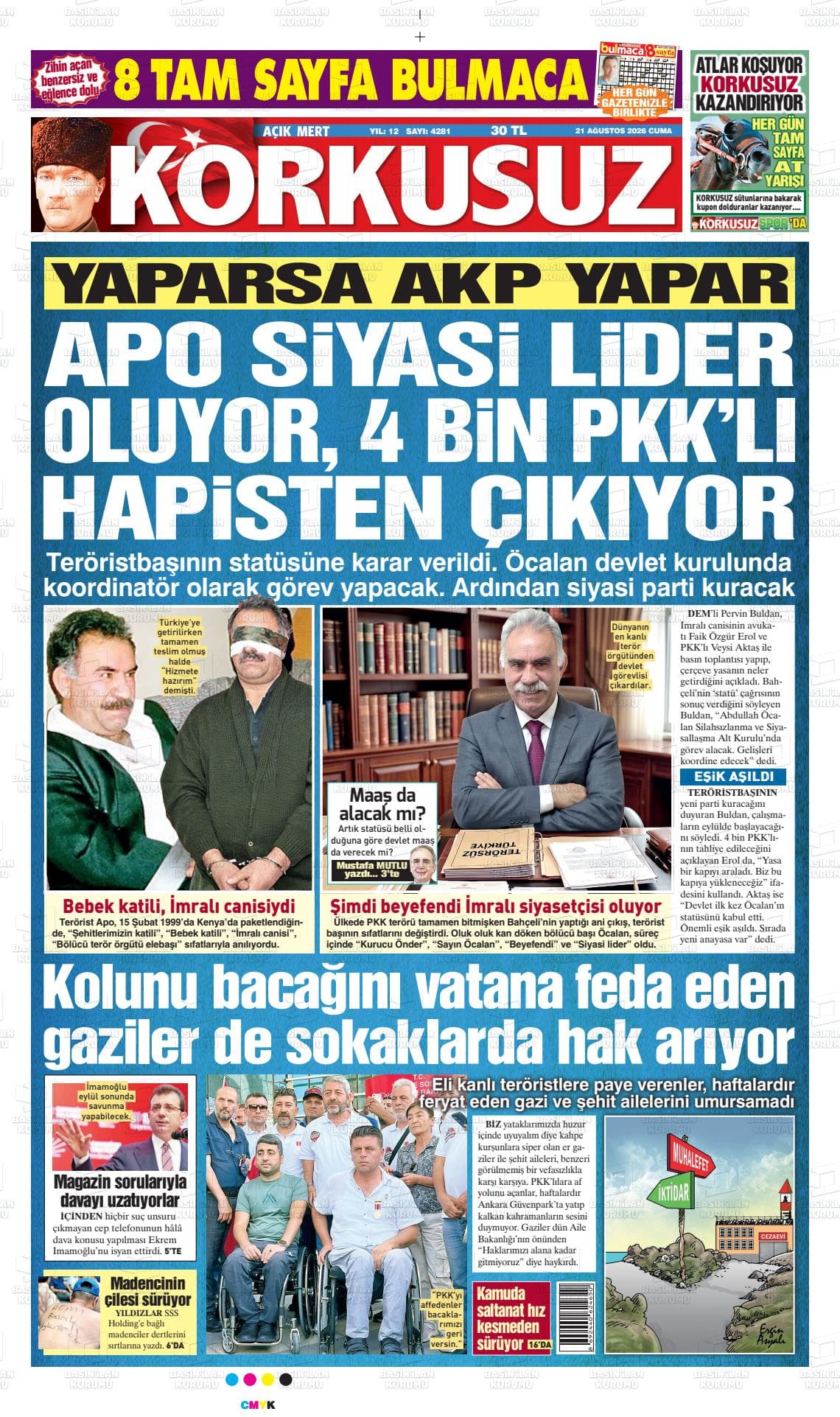 Açık Mert Korkusuz gazetesinin bugünkü ilk sayfası