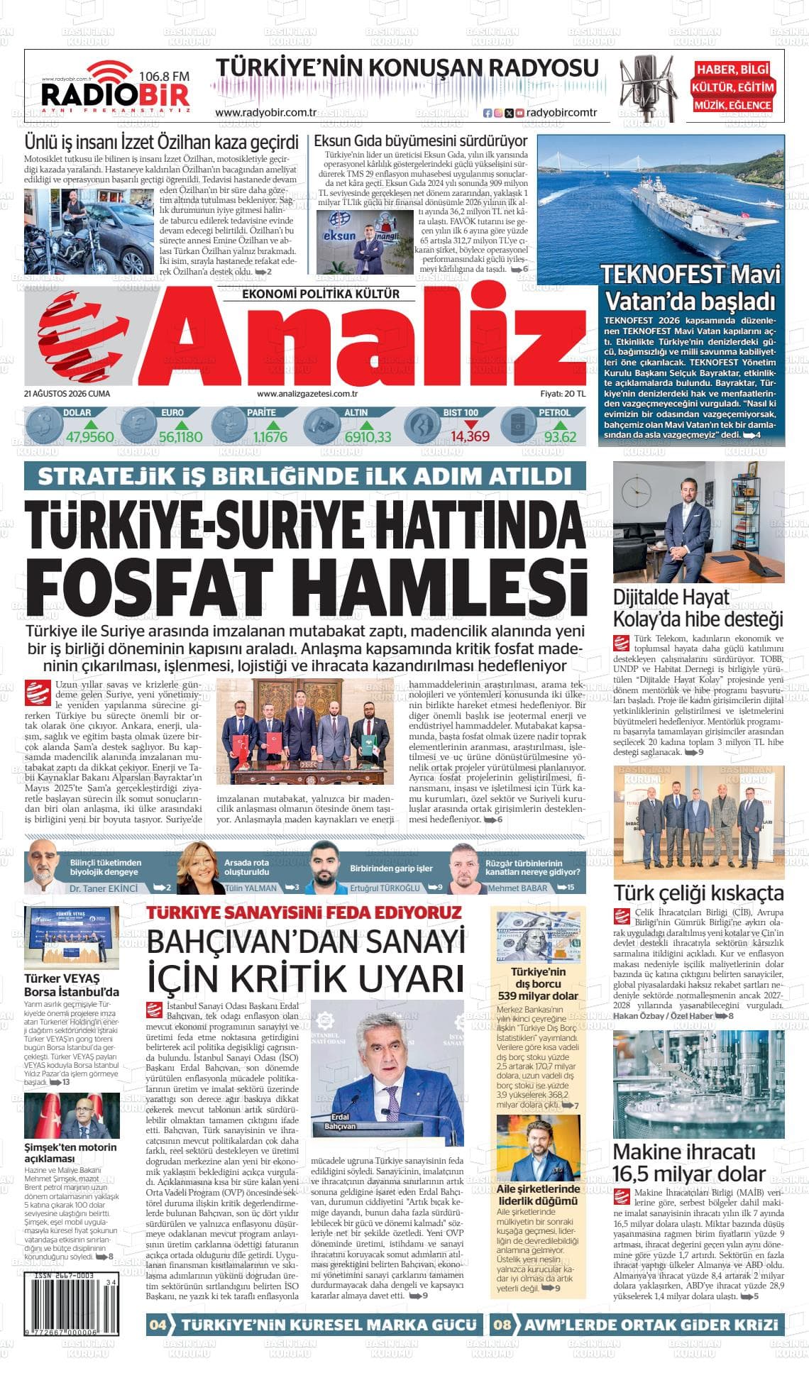 Analiz gazetesinin bugünkü ilk sayfası