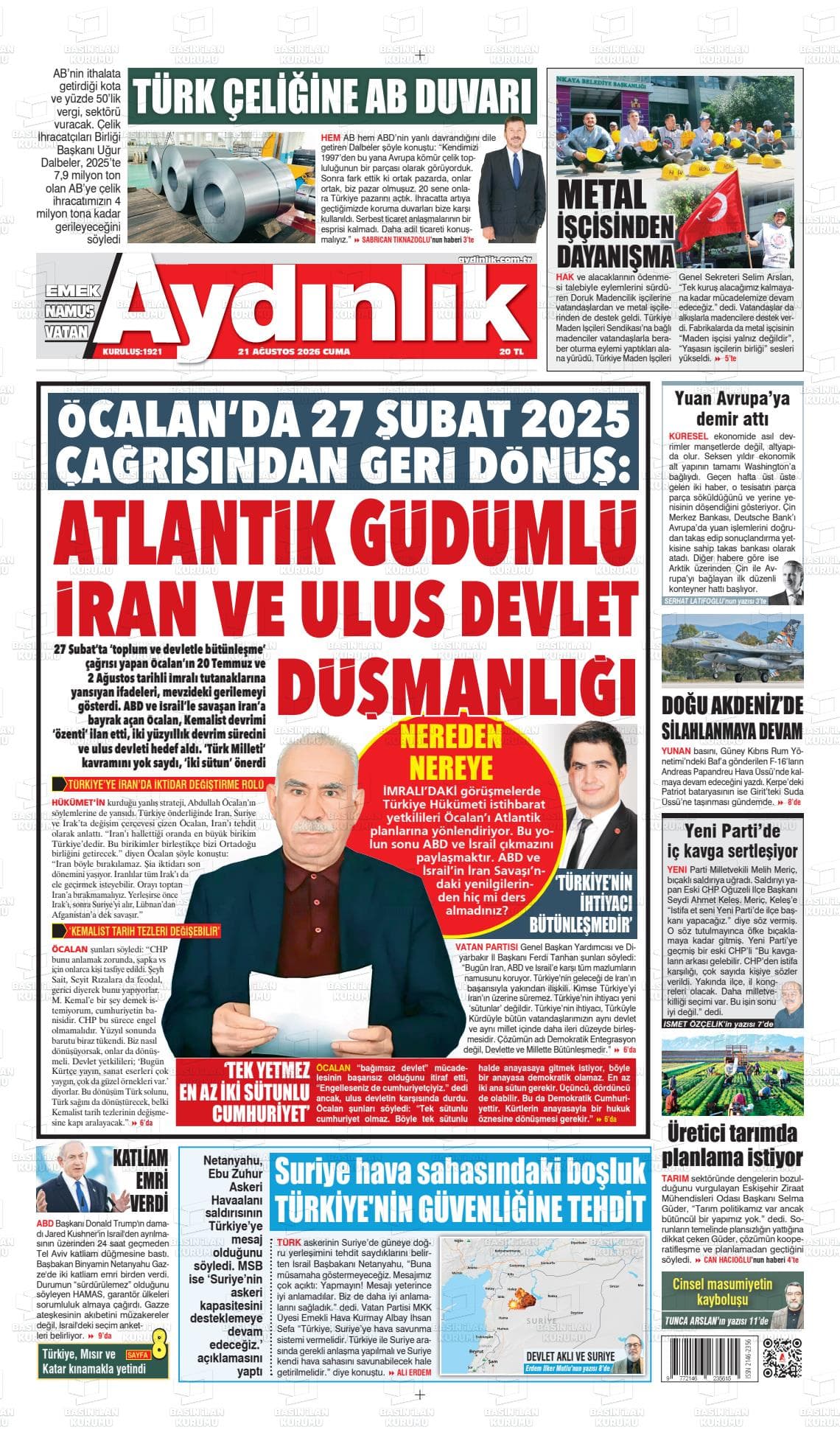 Aydınlık gazetesinin bugünkü ilk sayfası