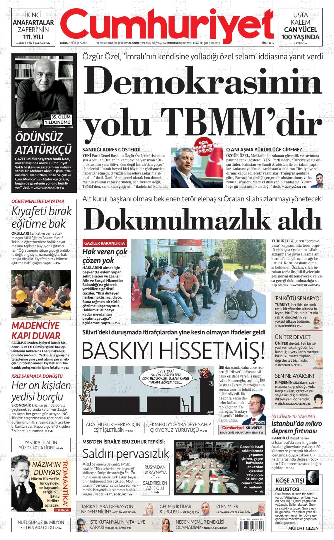 Cumhuriyet gazetesinin bugünkü ilk sayfası