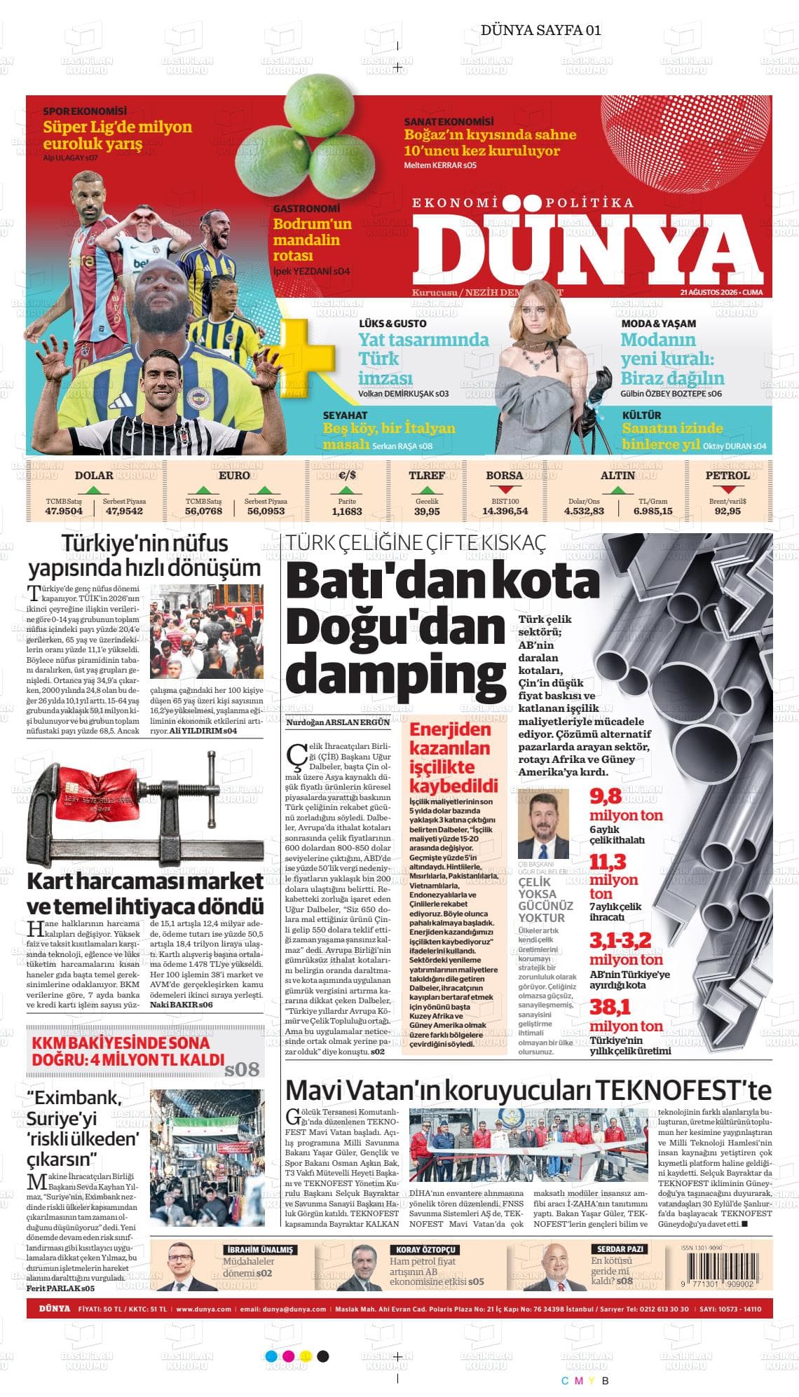 Dünya Ekonomi-Politika gazetesinin bugünkü ilk sayfası