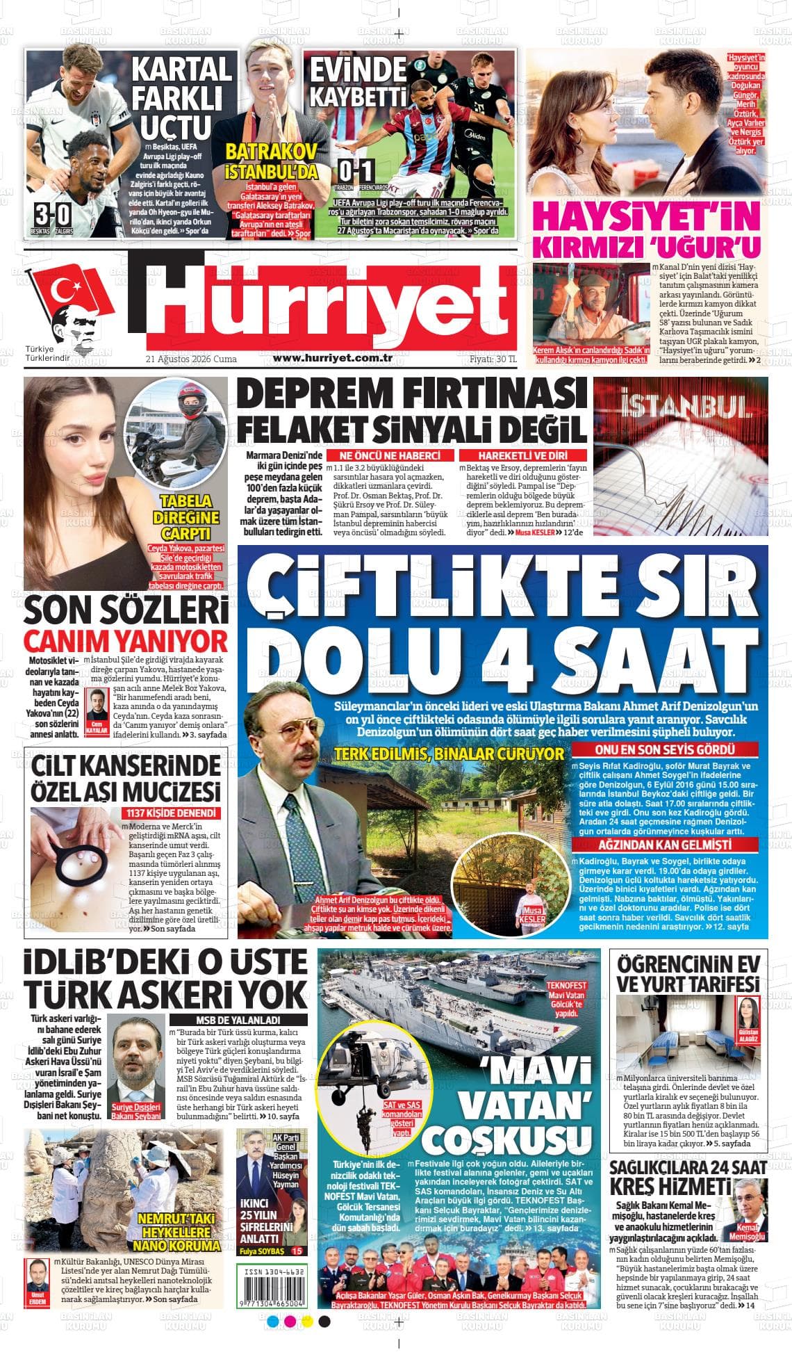 Hürriyet gazetesinin bugünkü ilk sayfası