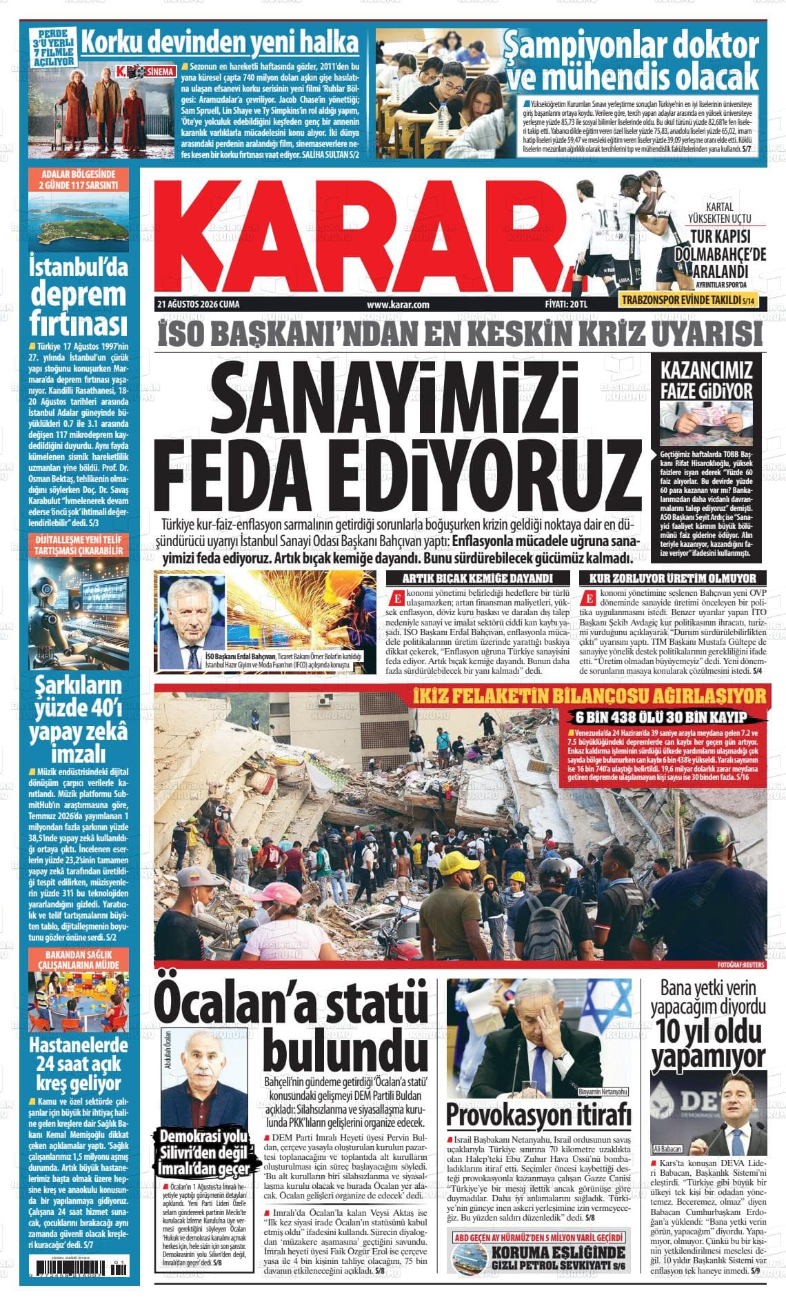 Karar gazetesinin bugünkü ilk sayfası