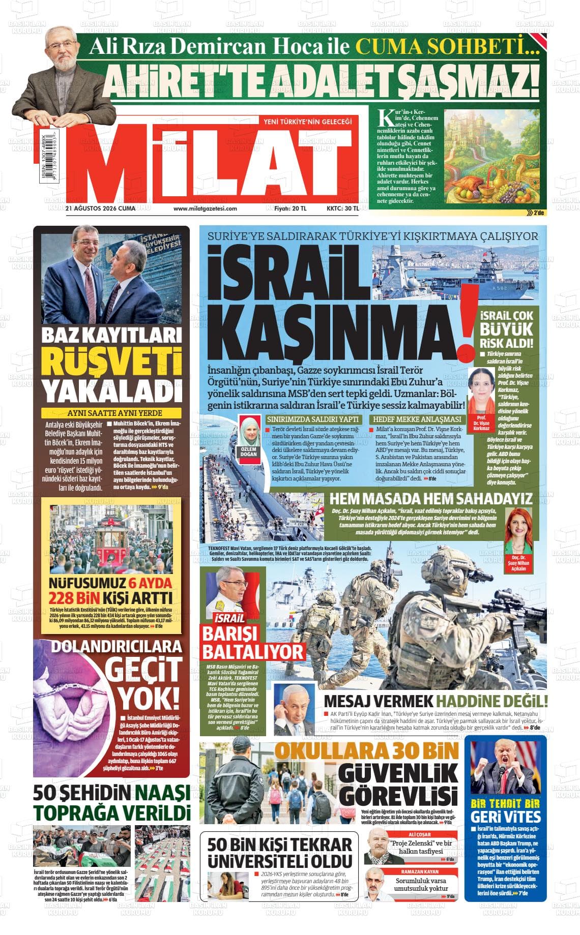 Milat gazetesinin bugünkü ilk sayfası