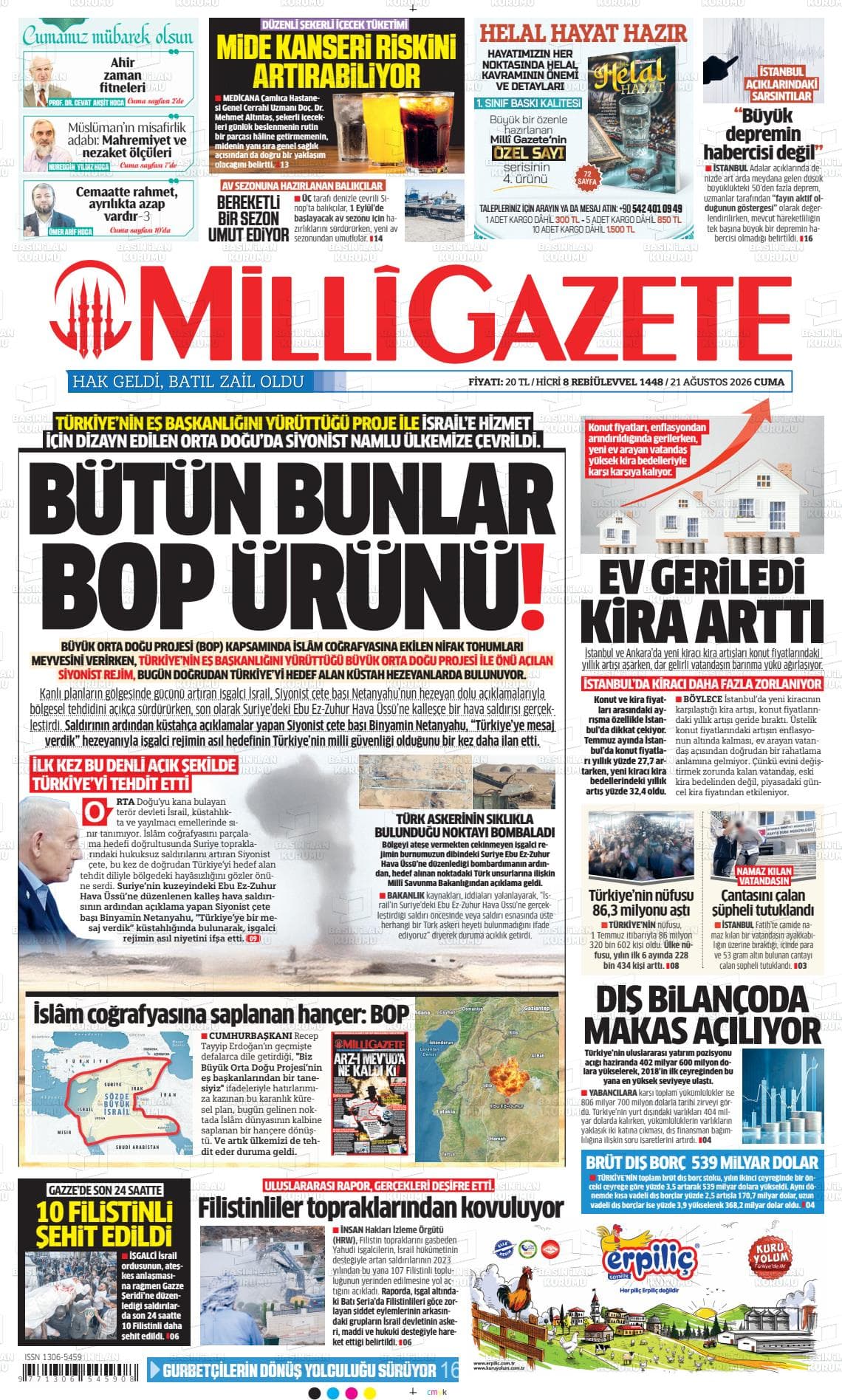 Milli Gazete gazetesinin bugünkü ilk sayfası