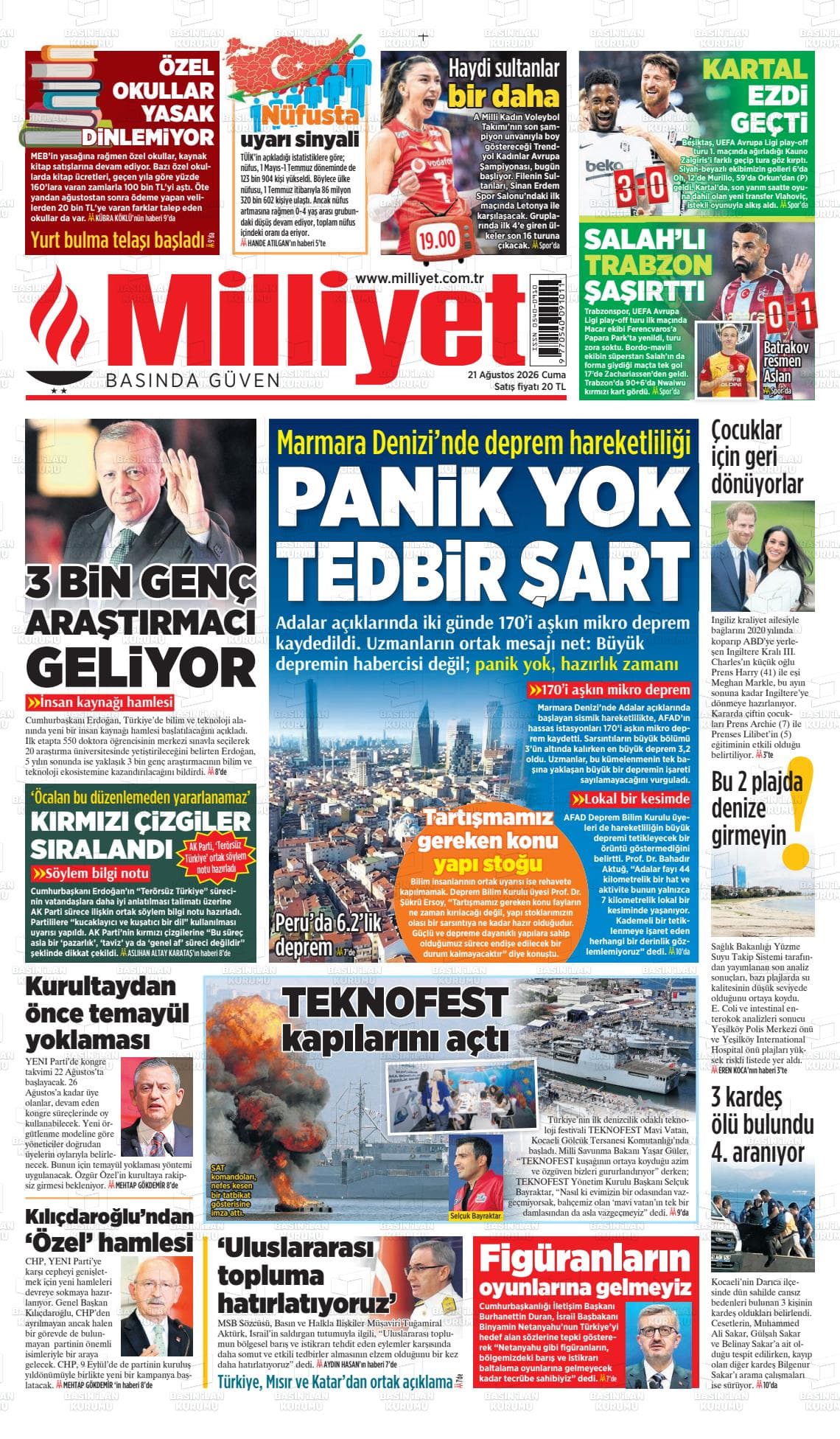 Milliyet gazetesinin bugünkü ilk sayfası