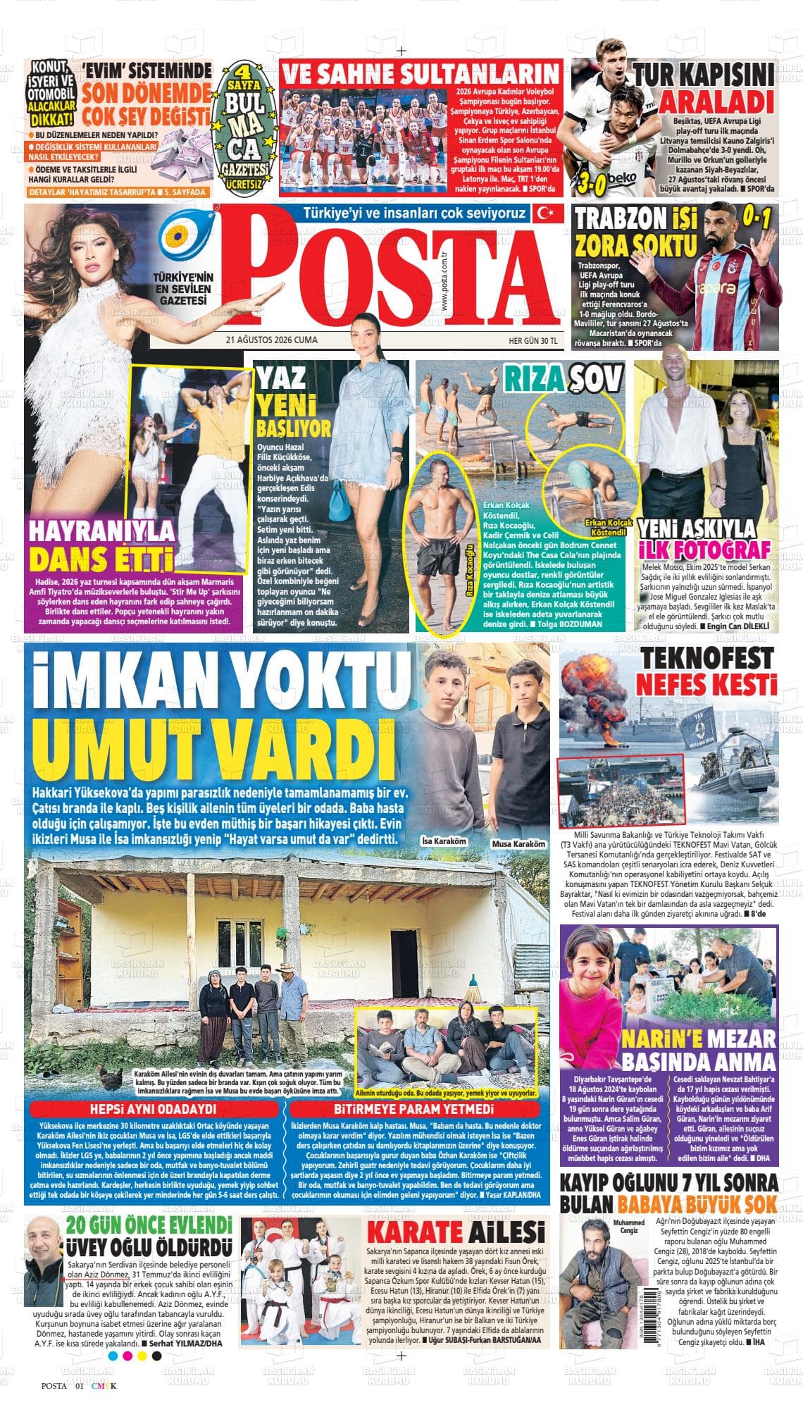 Posta gazetesinin bugünkü ilk sayfası
