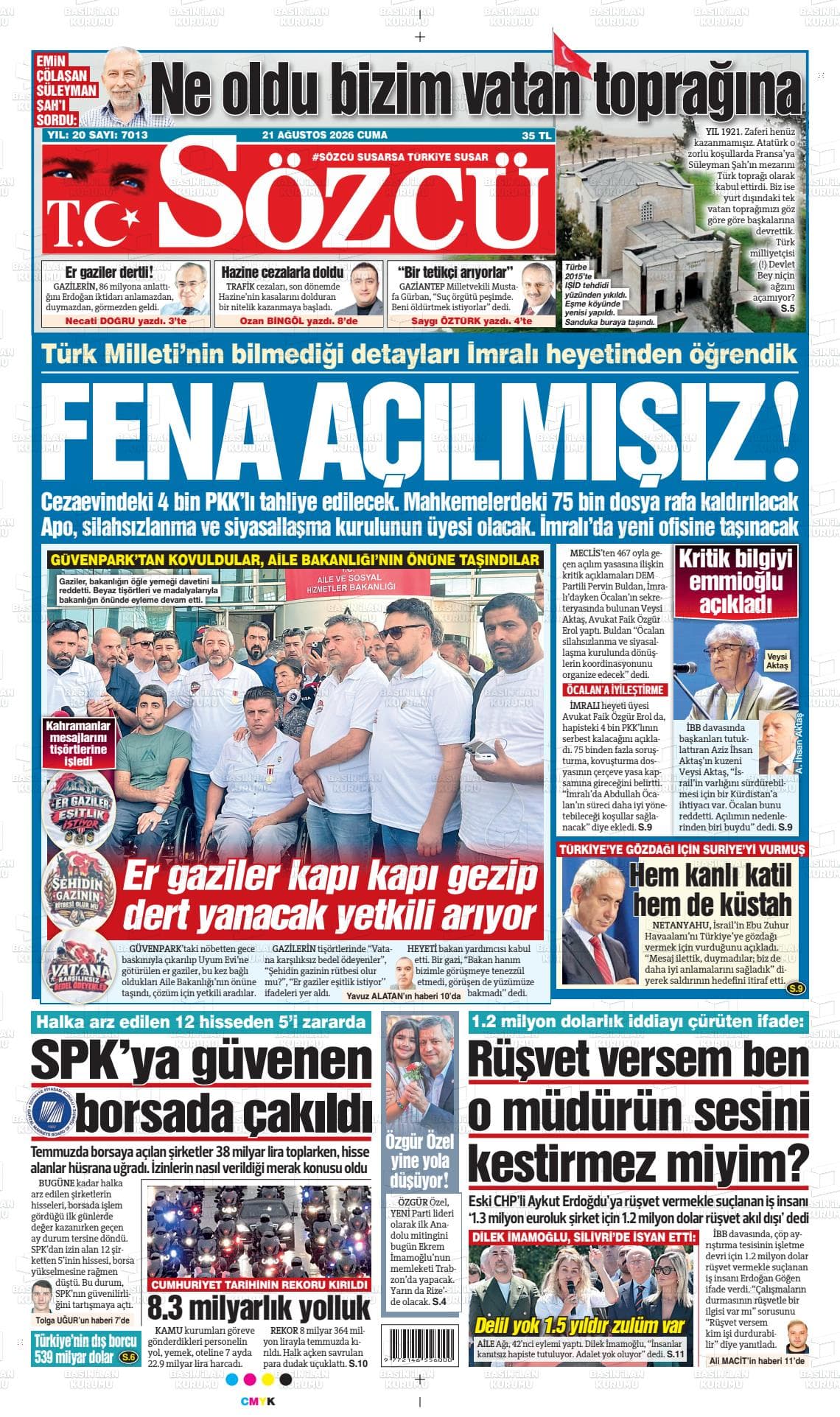 Sözcü gazetesinin bugünkü ilk sayfası