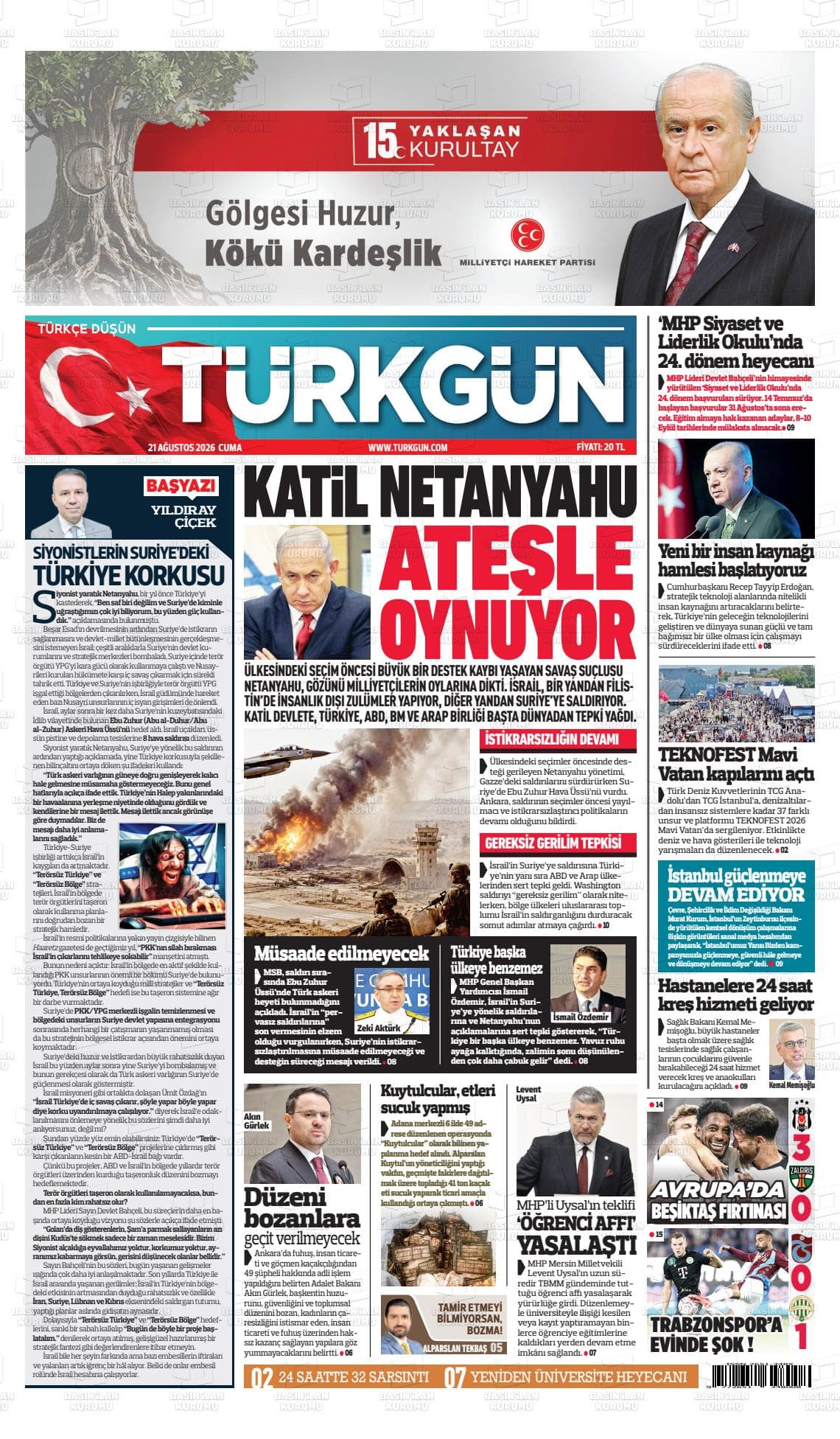 Türkgün gazetesinin bugünkü ilk sayfası