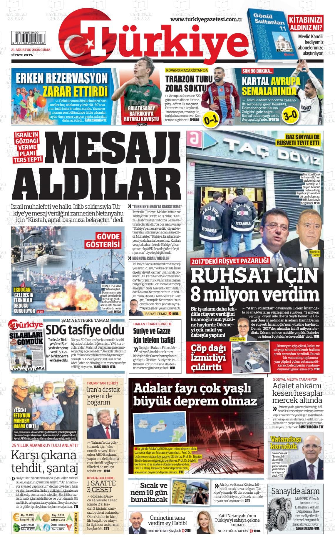 Türkiye gazetesinin bugünkü ilk sayfası
