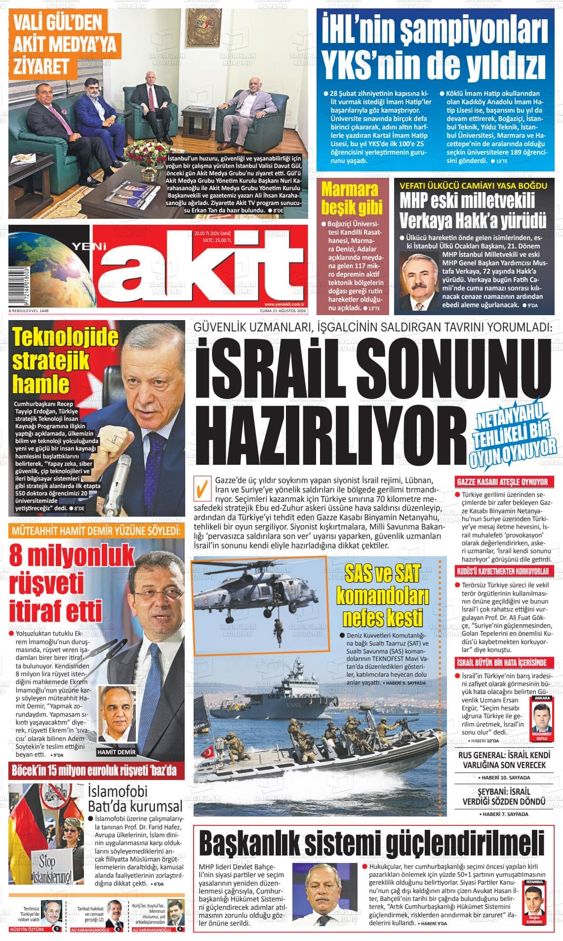 Yeni Akit gazetesinin bugünkü ilk sayfası
