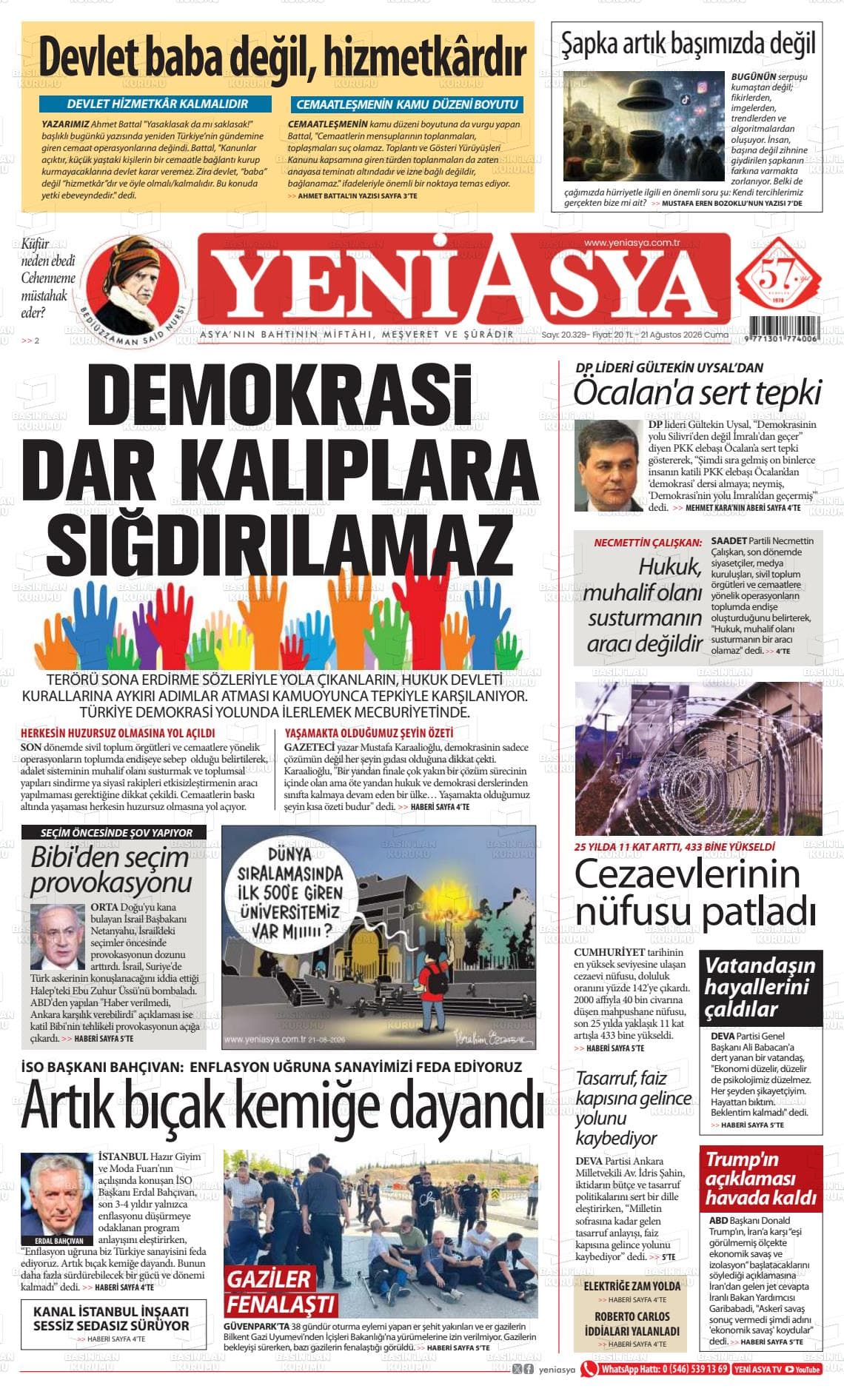 Yeni Asya gazetesinin bugünkü ilk sayfası