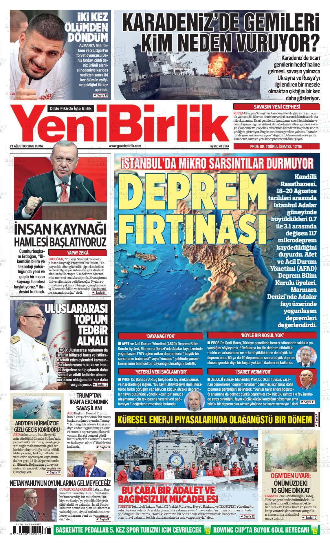 Yeni Birlik gazetesinin bugünkü ilk sayfası