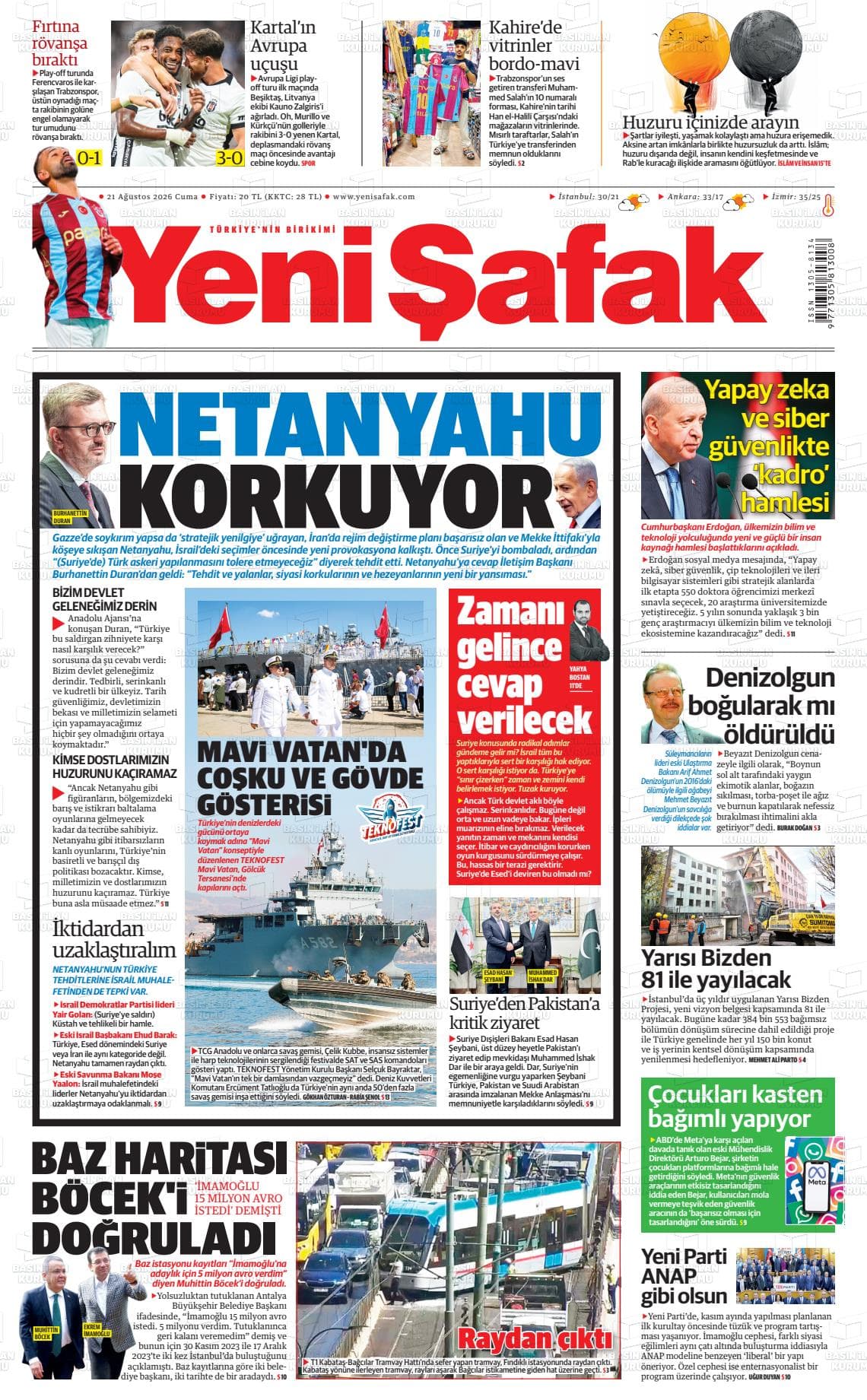 Yeni Şafak gazetesinin bugünkü ilk sayfası